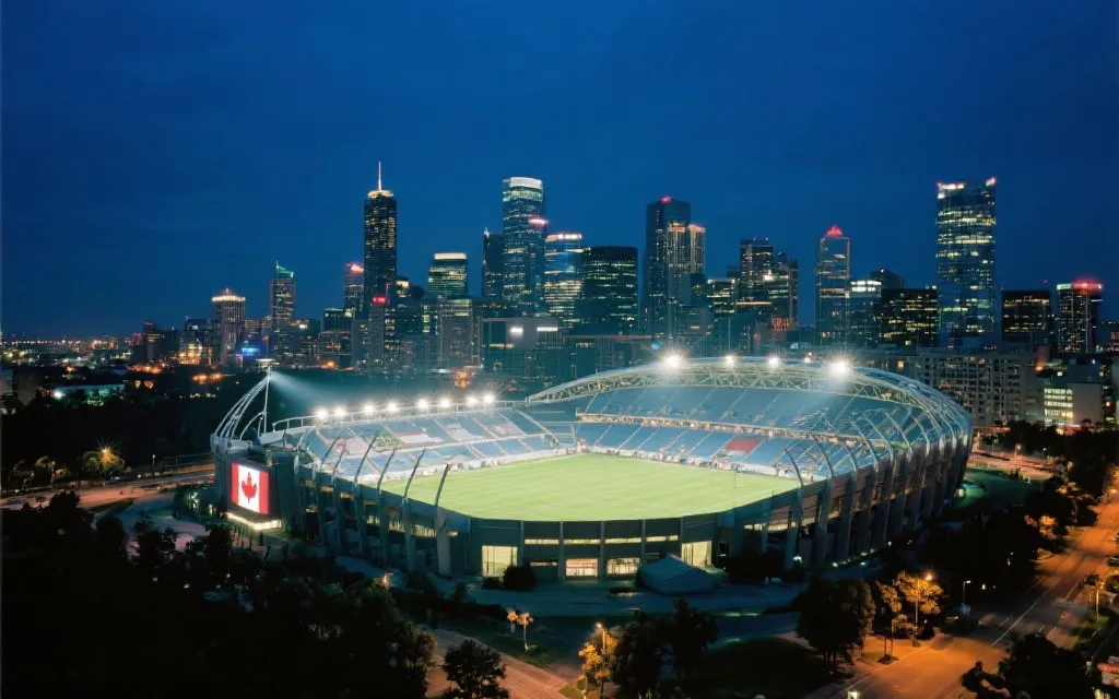 加拿大城市夜景与球场灯光的赛事时间氛围概念图